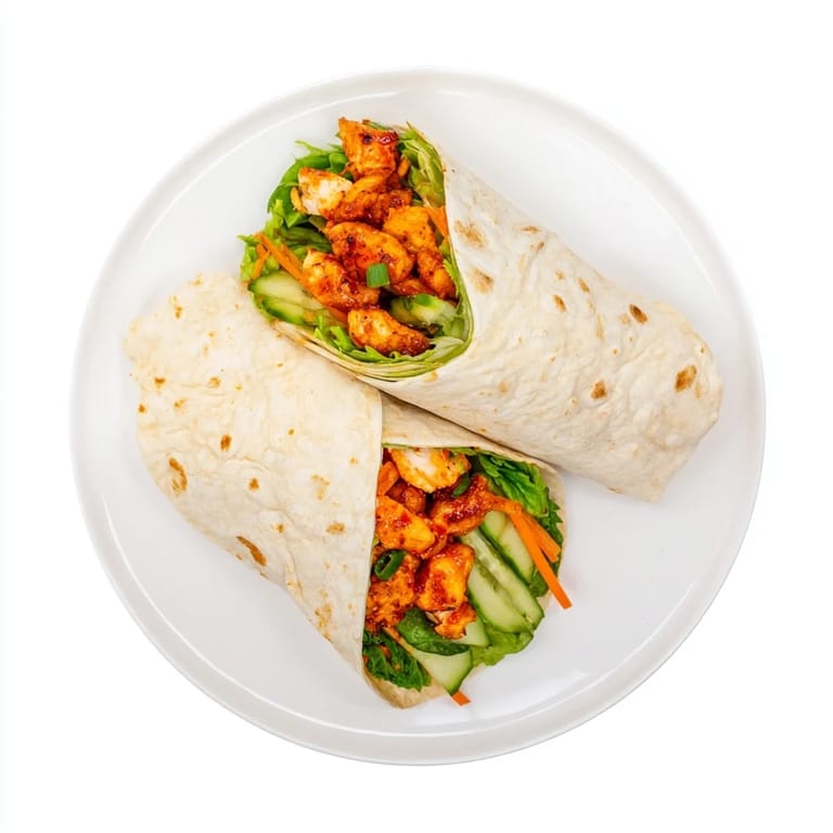 A vibrant Honey Chili Crunch Chicken Wrap, filled with golden pan-seared chicken, fresh cucumber slices, and a creamy drizzle, ready to be enjoyed.