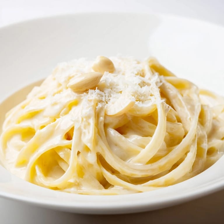 A comforting bowl of Roasted Garlic Cream Pasta garnished with fresh parsley and extra Parmesan, served beside a crisp glass of white wine.