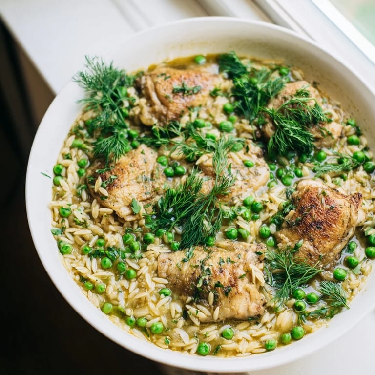 Tender orzo pasta and juicy chicken thighs simmer in a savory lemon broth with peas and onions in this one-pan skillet. 