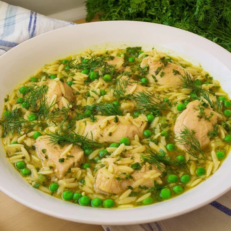 Close-up of a comforting bowl of Lemon Herb Chicken Orzo Skillet, garnished with chopped parsley and a lemon wedge for serving.