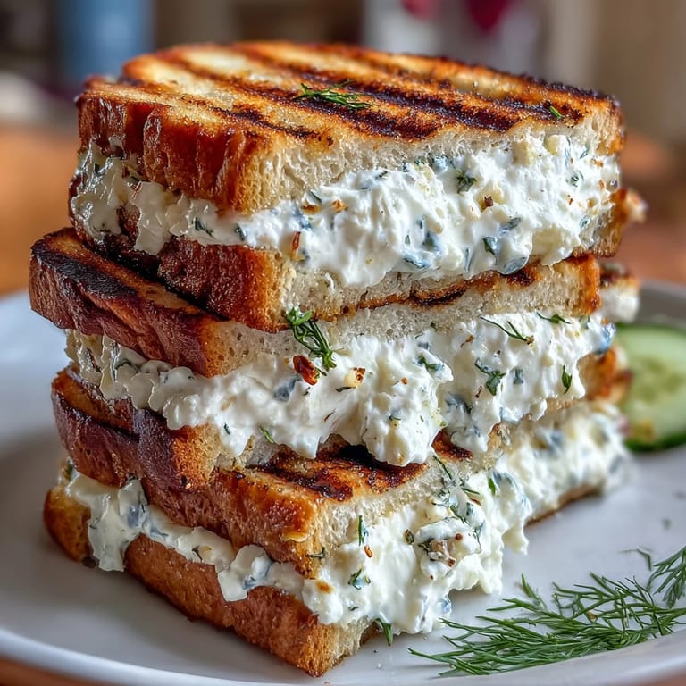 A golden, crispy whipped feta spring grilled cheese sandwich garnished with fresh dill.