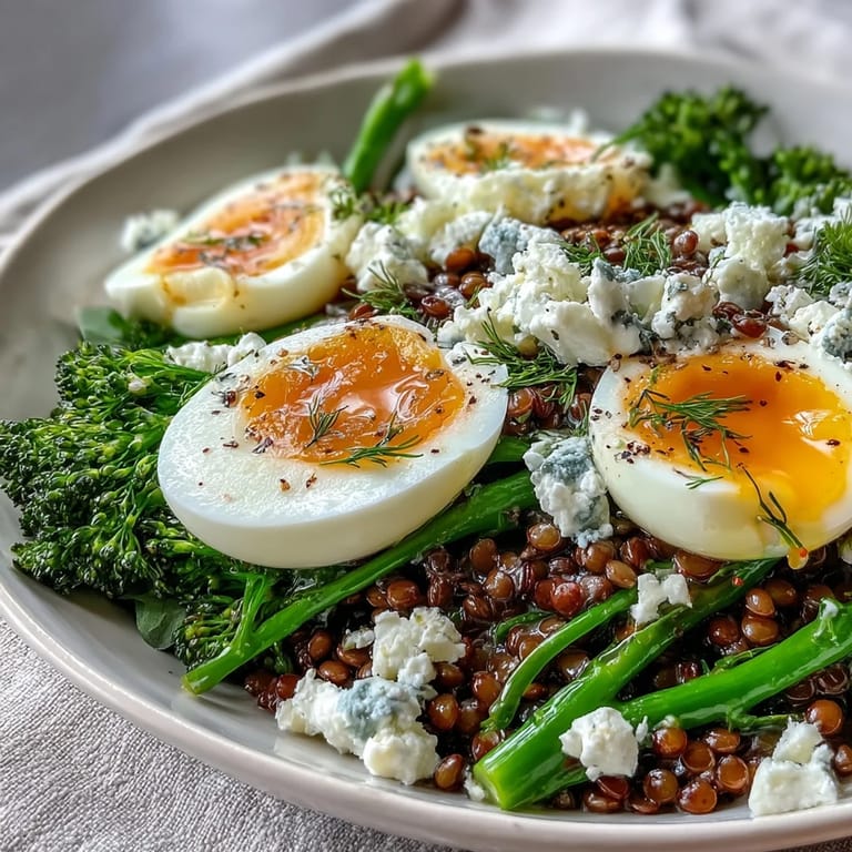 Vibrant French Lentil Salad featuring tender broccolini and creamy soft-boiled eggs.