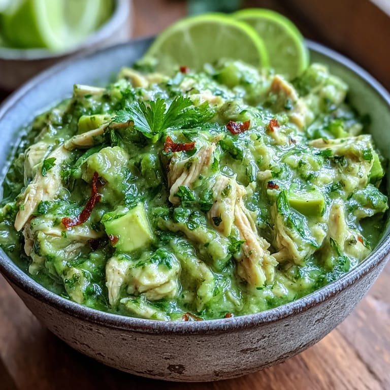 Hearty Chicken Chili Verde bowl, piled high with savory shredded chicken in bright tomatillo sauce.