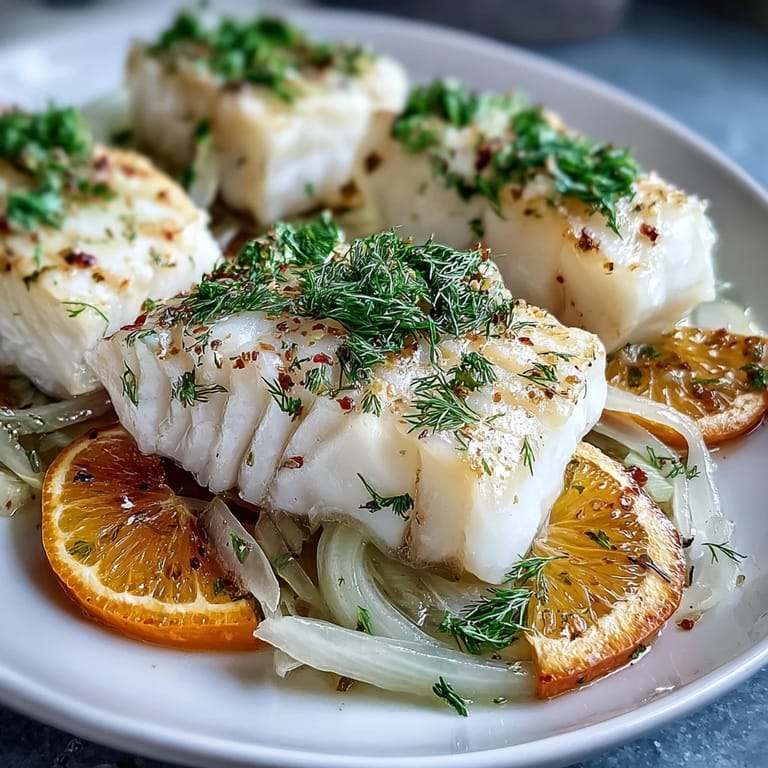 Flaky poached cod fillets with vibrant fennel, orange, and aromatic broth.