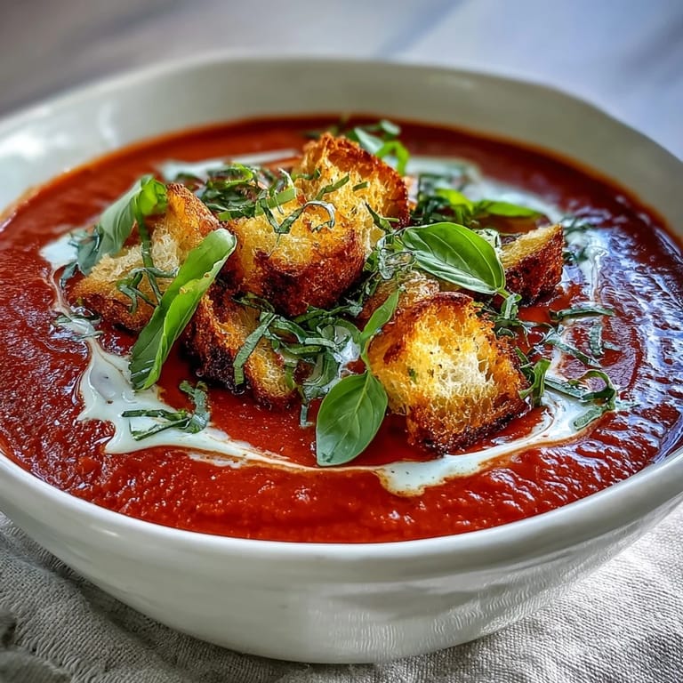 A warm bowl of creamy roasted tomato soup topped with crunchy croutons, ready to serve alongside a grilled cheese sandwich.