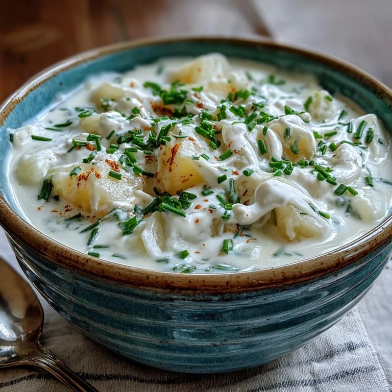 Warm Potato Leek Soup in a white ceramic bowl, topped with chives and a spoon ready to enjoy.