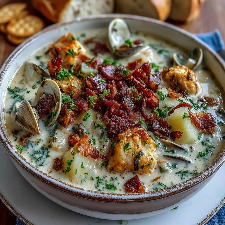 Steaming bowl of New England Clam Chowder featuring creamy broth with potatoes, celery, and sweet clams.