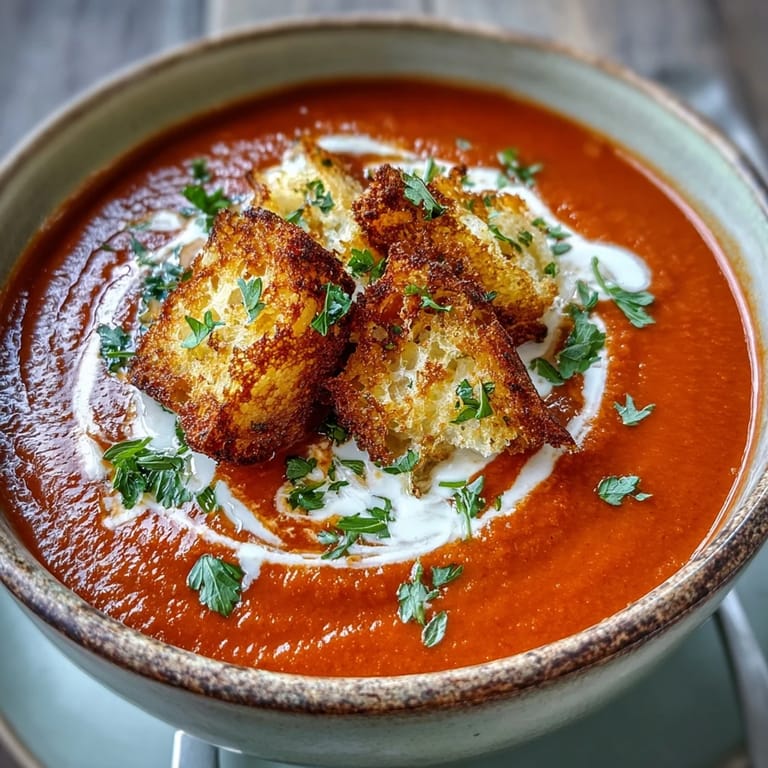 Vibrant red soup in a white bowl with crispy croutons and fresh herbs, ready for a cozy vegetarian lunch.