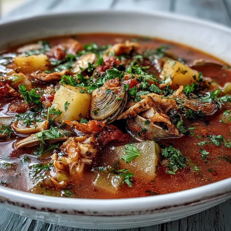 Hearty homemade Manhattan Clam Chowder served hot with oyster crackers and fresh herbs on top.