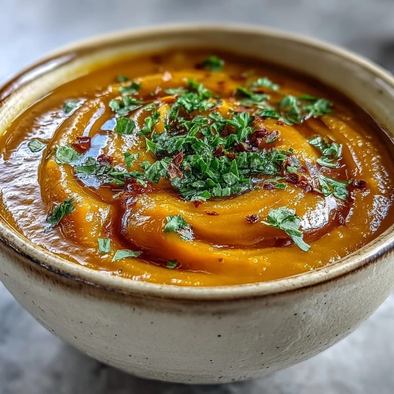 A vibrant bowl of Carrot and Lentil Soup topped with a swirl of coconut cream and parsley.
