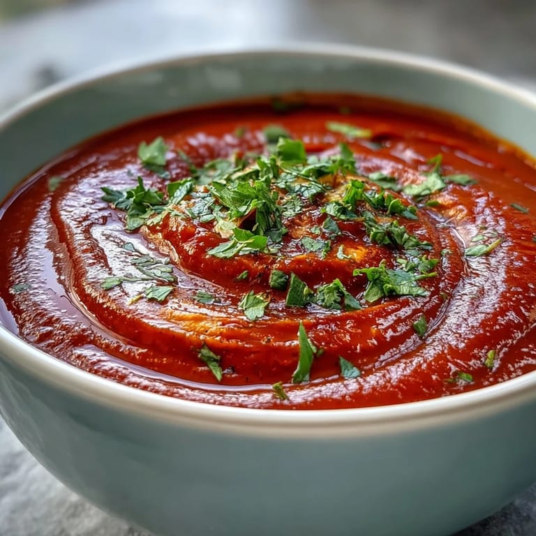 Silky, aromatic Roasted Red Pepper Soup in a white bowl, garnished with herbs and a drizzle of olive oil.