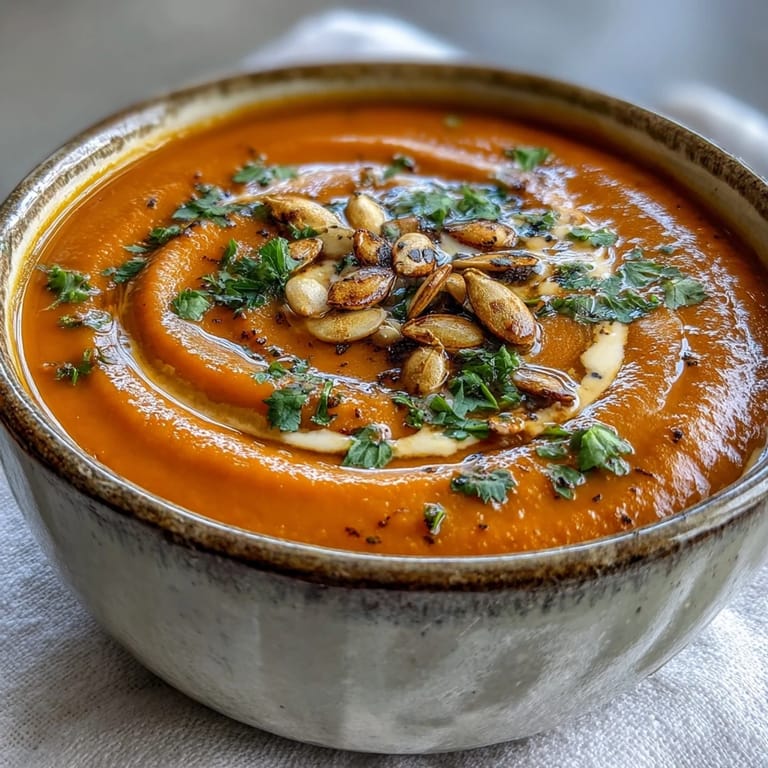 Velvety Carrot Ginger Soup garnished with toasted pumpkin seeds, ready to enjoy hot from the pot.
