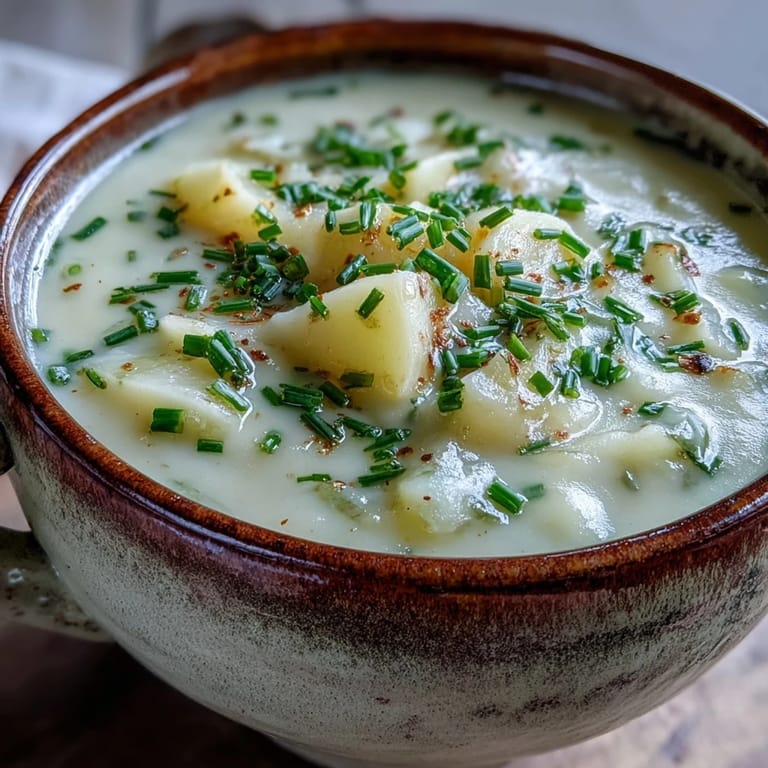 Silky smooth puréed Potato Leek Soup in a rustic bowl, steam rising from the rich, creamy French-inspired base.