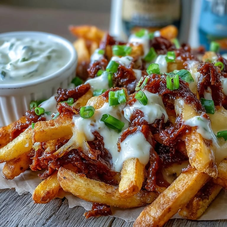 A serving platter of loaded Cheesy BBQ Fries with Ranch Dip, perfect for game day snacking.