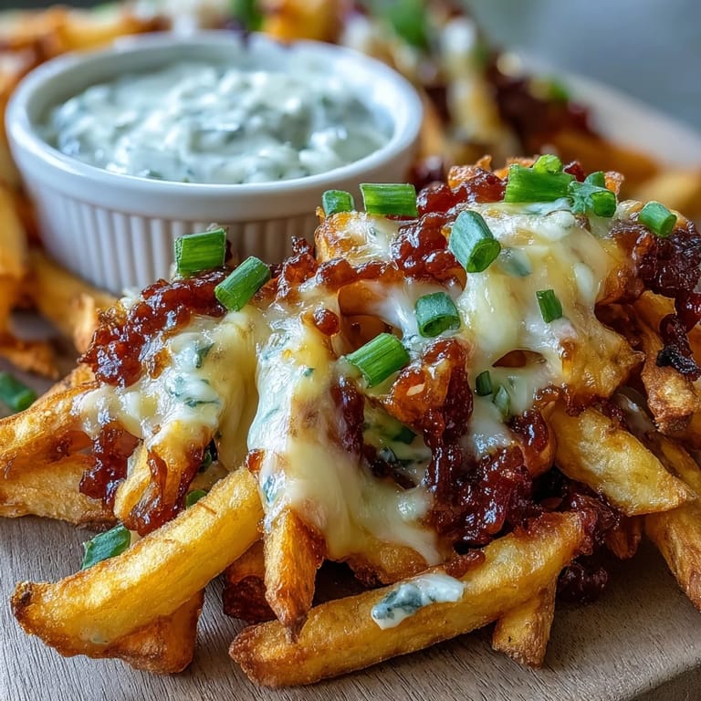 Freshly baked Cheesy BBQ Fries with Ranch Dip featuring a creamy dip and smoky seasoning.