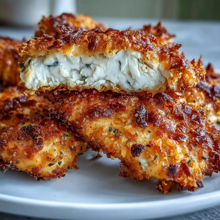 Perfectly cooked Air Fryer Chicken Strips on a plate with ranch, showcasing a golden brown crunch and tender chicken inside.