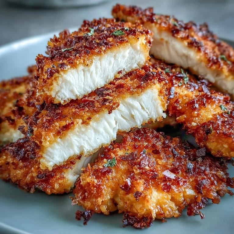 Healthy homemade Air Fryer Chicken Strips with Parmesan and whole wheat breadcrumbs, ready to serve with sweet potato fries.