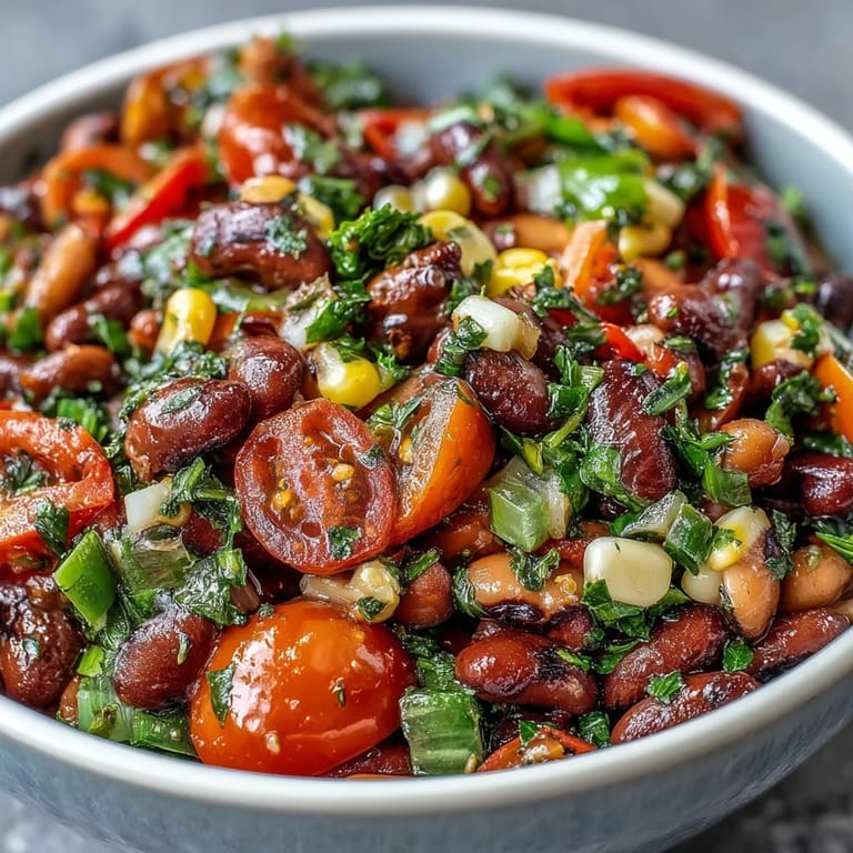 Colorful Cowboy Caviar in a rustic white bowl, topped with fresh cilantro and served with crispy tortilla chips for dipping.