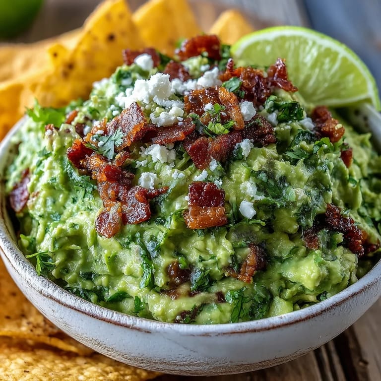 A close-up of smoky Bacon Guacamole With Cotija Cheese, garnished with tomato and red onion beside blue corn tortilla chips.
