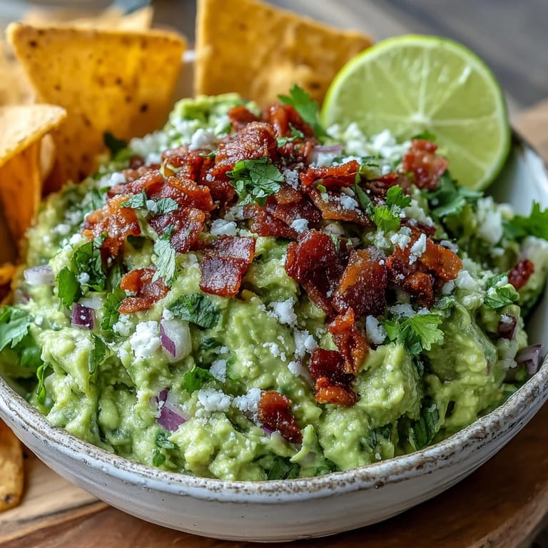 Served as a gluten-free appetizer, Bacon Guacamole With Cotija cheese is piled high in a bowl with lime wedges.