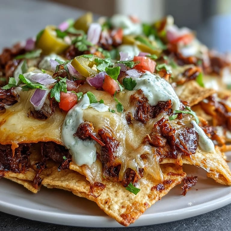 Platter of loaded BBQ Beef Nachos garnished with diced tomatoes, red onion, and creamy avocado.