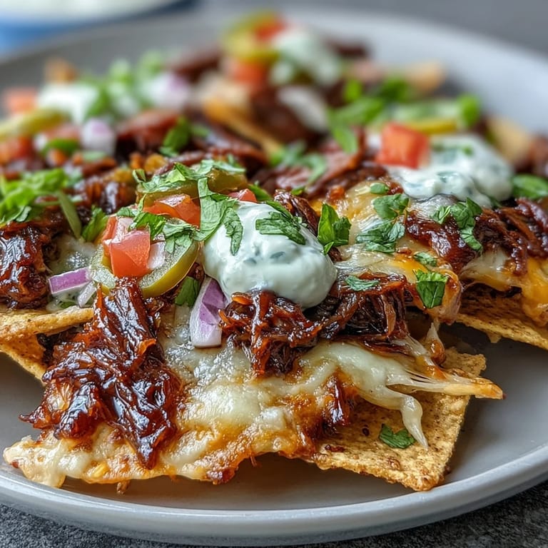 Hearty BBQ Beef Nachos with melted cheddar and Monterey Jack cheese, ready for game day snacking.