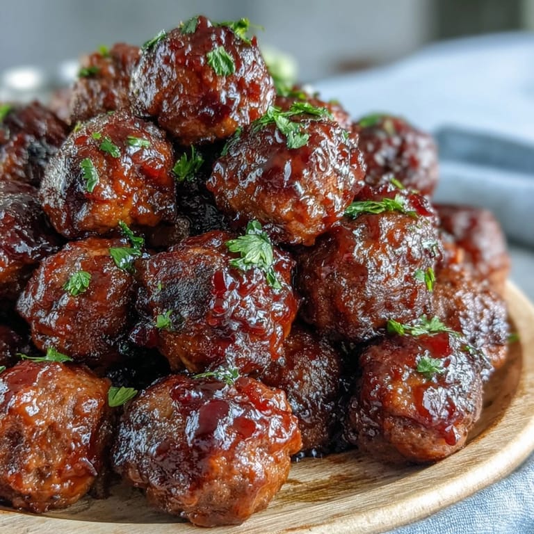 Sweet and tangy Grape Jelly and Chili Sauce Meatballs are plated on a white dish, garnished with fresh parsley for color.