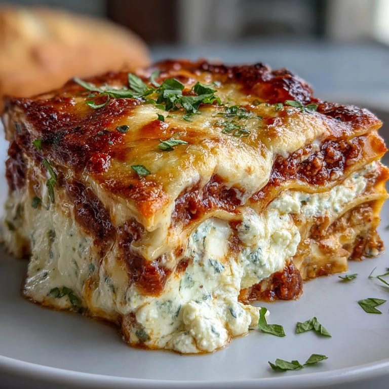 Rustic Worlds Best Lasagna with visible layers of tender noodles, hearty meat sauce, and a golden Parmesan cheese crust.