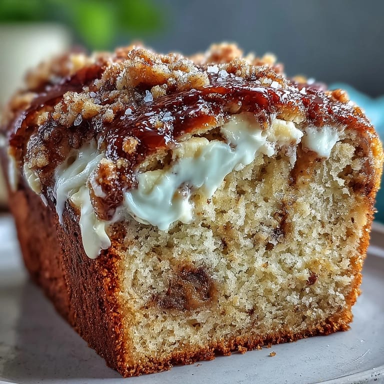 Golden brown loaf of Cream Cheese Cinnamon Swirl Banana Bread with a crumbly sugar topping, ideal for breakfast or a sweet dessert treat.