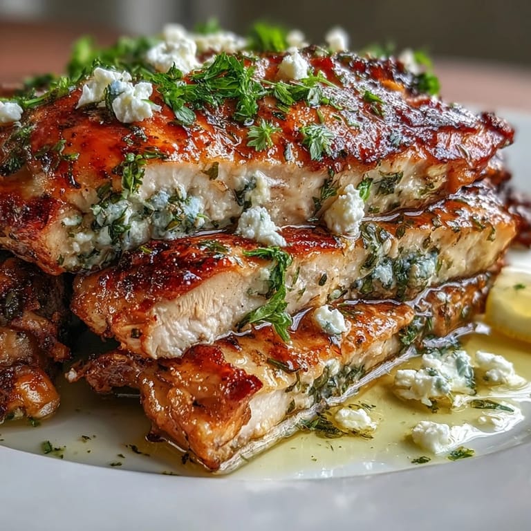Tender Greek Chicken with Lemon and Feta garnished with crumbled feta in a skillet.