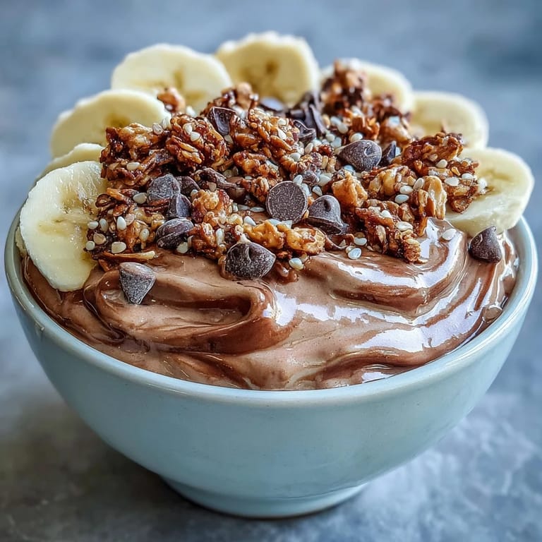 A close-up of Chunky Monkey Smoothie Bowls showing creamy texture and crunchy mini chocolate chips.