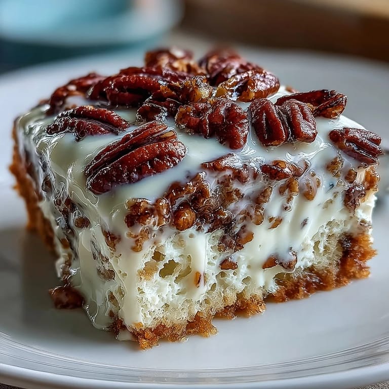 Butter Pecan Tres Leches Cake topped with whipped cream and gooey toasted pecans on a rustic table.
