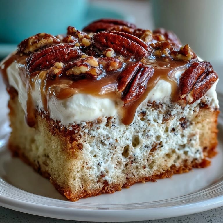 Decadent Butter Pecan Tres Leches Cake slice revealing creamy layers, served on a white plate with garnish.