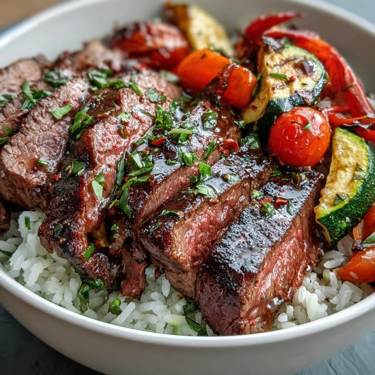 Golden roasted vegetables and sliced steak over fluffy rice, drizzled with soy sauce, make a vibrant Sheet Pan Steak and Veggie Bowl.