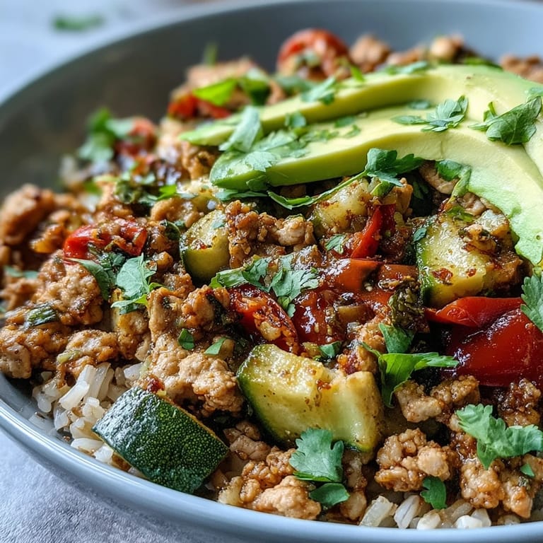 Healthy ground turkey bowl with quinoa, roasted broccoli, and cherry tomatoes, garnished with cilantro and lime wedges.