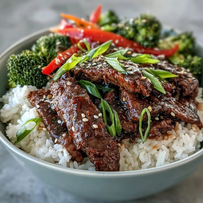 Teriyaki Beef Bowl garnished with fresh green onions and toasted sesame seeds for extra texture.
