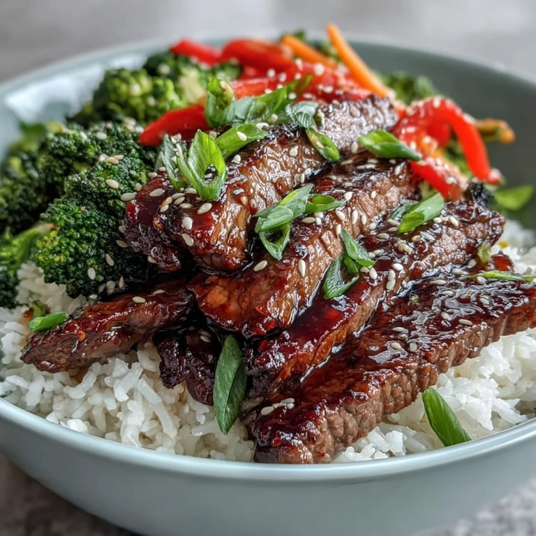 A close-up of a savory Teriyaki Beef Bowl featuring juicy beef, crisp broccoli, and glossy sauce over rice.