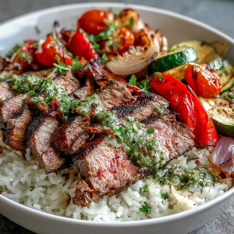 Grilled Steak Bowl with juicy steak, fluffy rice, and roasted vegetables, drizzled with chimichurri sauce.