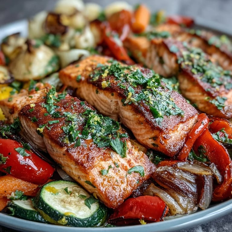 Roasted zucchini, bell peppers, and onions accompany golden salmon in this vibrant Sheet Pan Salmon and Veggies Bowl.