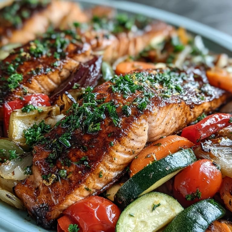 Fresh parsley and lemon garnish a delicious Sheet Pan Salmon and Veggies Bowl, perfect for a healthy weeknight meal.