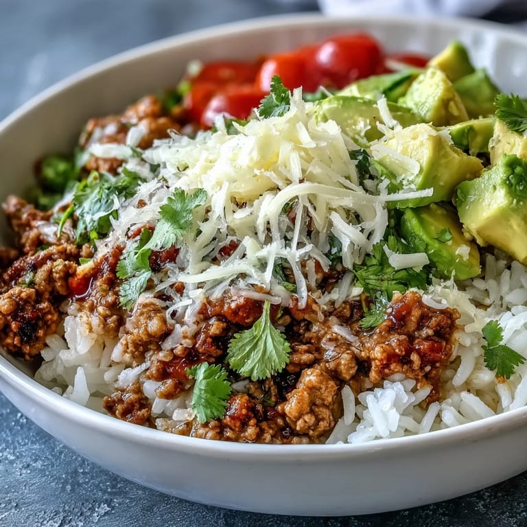 A hearty Turkey Taco Bowl with avocado, shredded cheese, sour cream, and fresh cilantro for a quick dinner.