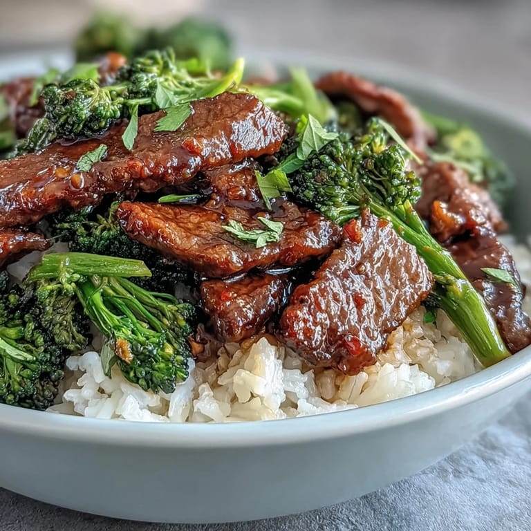 Sizzling tender beef strips and crisp steamed broccoli in a savory Beef and Broccoli Bowl on a white plate.