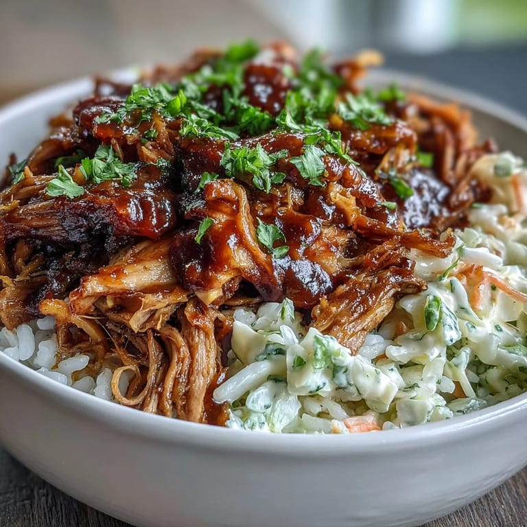 Colorful pulled pork bowl with rice, tangy slaw and cilantro garnish on rustic table