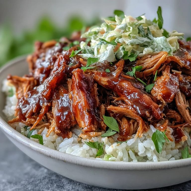 Shredded pork bowl topped with creamy coleslaw and green onions, served ready to eat