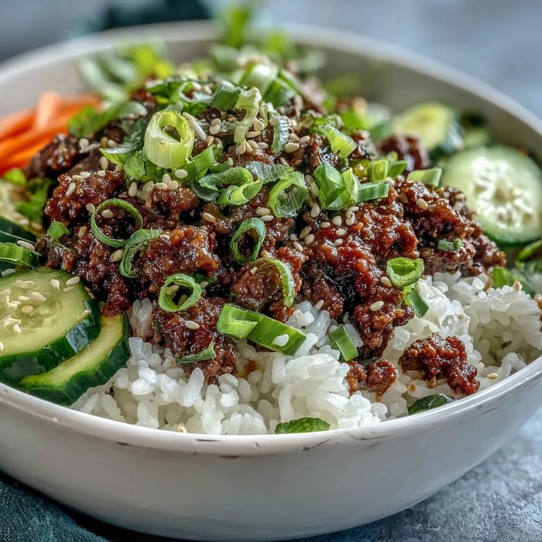 Appetizing photo of a healthy Korean Ground Beef Bowl featuring seasoned beef and quick pickled veggies over white rice.