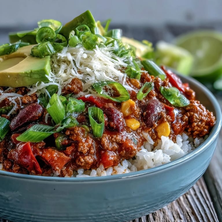 Vibrant chili bowl base with ground beef, beans, and peppers served in a rustic earthenware bowl.