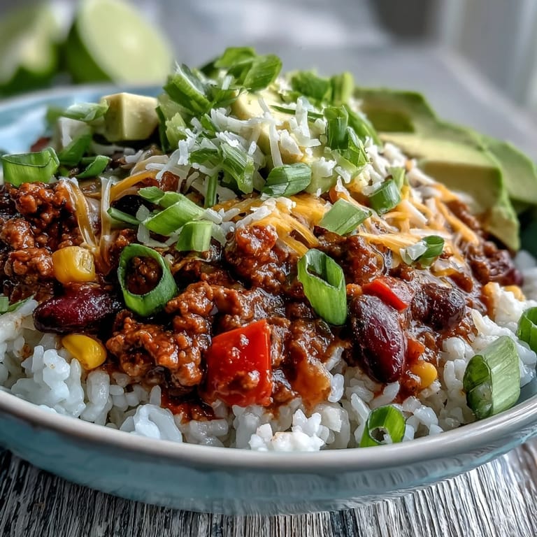 Comforting chili bowl base garnished with avocado, jalapeños, and lime wedges for a zesty finishing touch.
