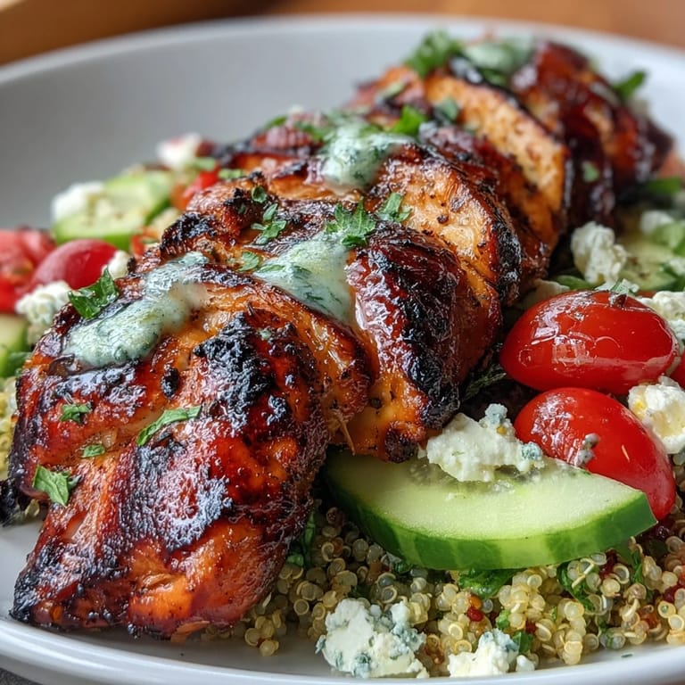 Vibrant bowl of grilled chicken, quinoa, and vegetables drizzled with zesty lemon vinaigrette for a healthy meal.