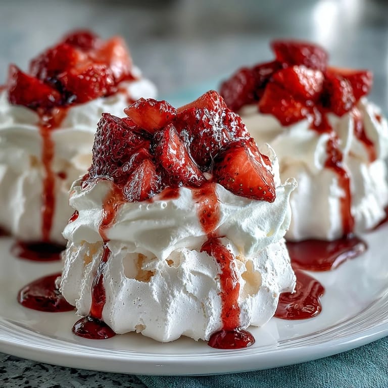 Delicate mini pavlovas filled with sweet whipped cream and ripe strawberries, a light and elegant dessert for any occasion.