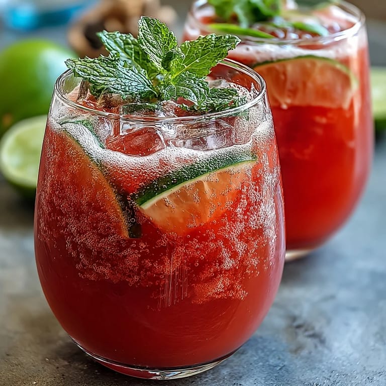Refreshing Watermelon Lime Sparkling Punch with vibrant watermelon and lime, served in a clear glass with a sprig of mint.